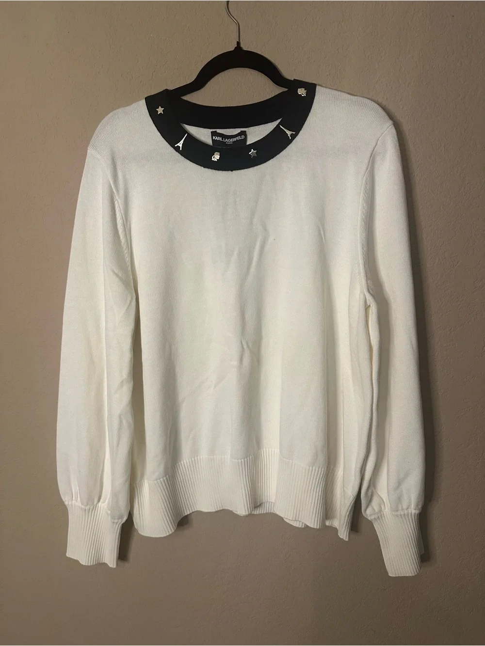 Karl Lagerfeld White Sweater with Black Embellished Collar